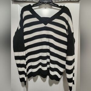 Promesa Black and White Striped V-Neck Sweater